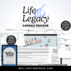 Life and Legacy Spreadsheet Tracker pictured with a Life Story Printable or Digital Journal. Several sheets from the spreadsheet are displayed.